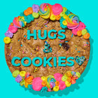 COOKIE CAKE decorated with colorful frosting, sprinkles, and bold blue lettering that reads