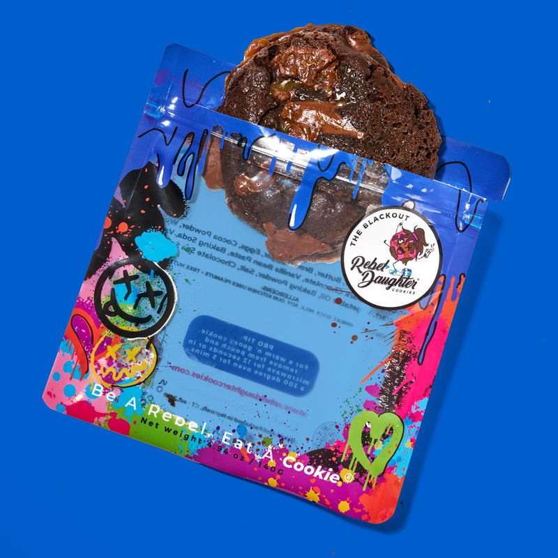 Brownie cookie gift delivery featuring a rich, fudgy chocolate cookie in vibrant graffiti-style packaging on a bold blue background.