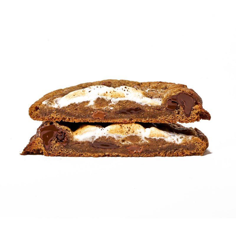 Peanut butter and marshmallow gourmet cookies with a gooey melted center, featuring toasted marshmallows and rich chocolate on a white background.