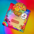 Fruity cereal white chocolate gourmet cookies delivery in vibrant packaging on a rainbow gradient background.