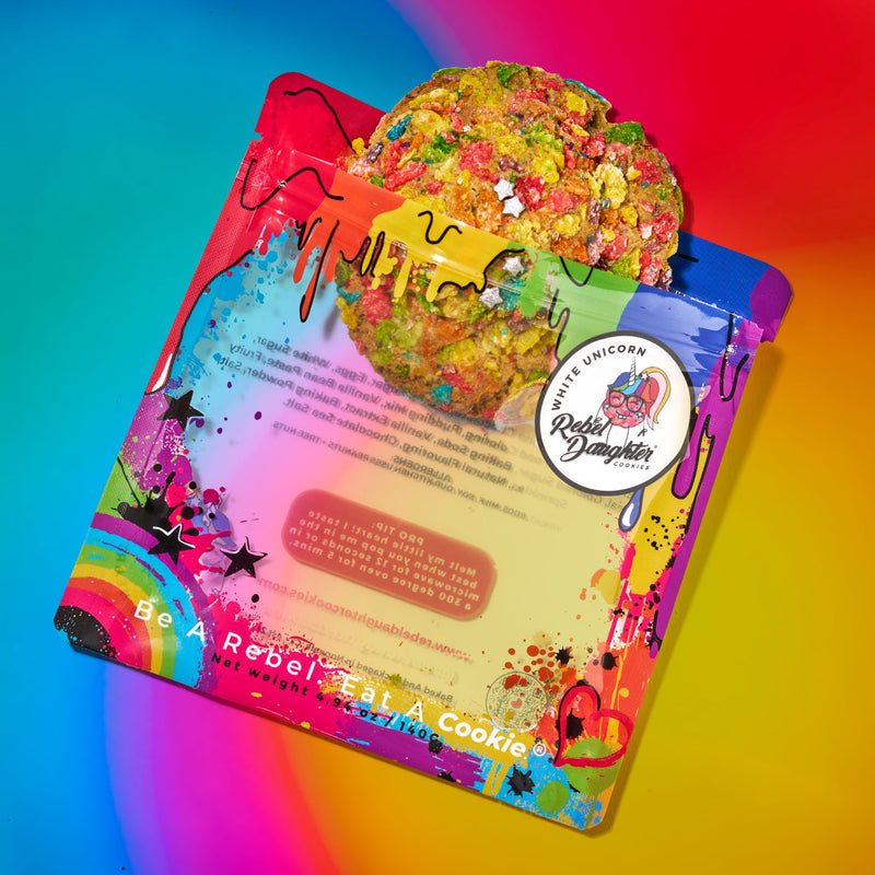 Fruity cereal white chocolate gourmet cookies delivery in vibrant packaging on a rainbow gradient background.